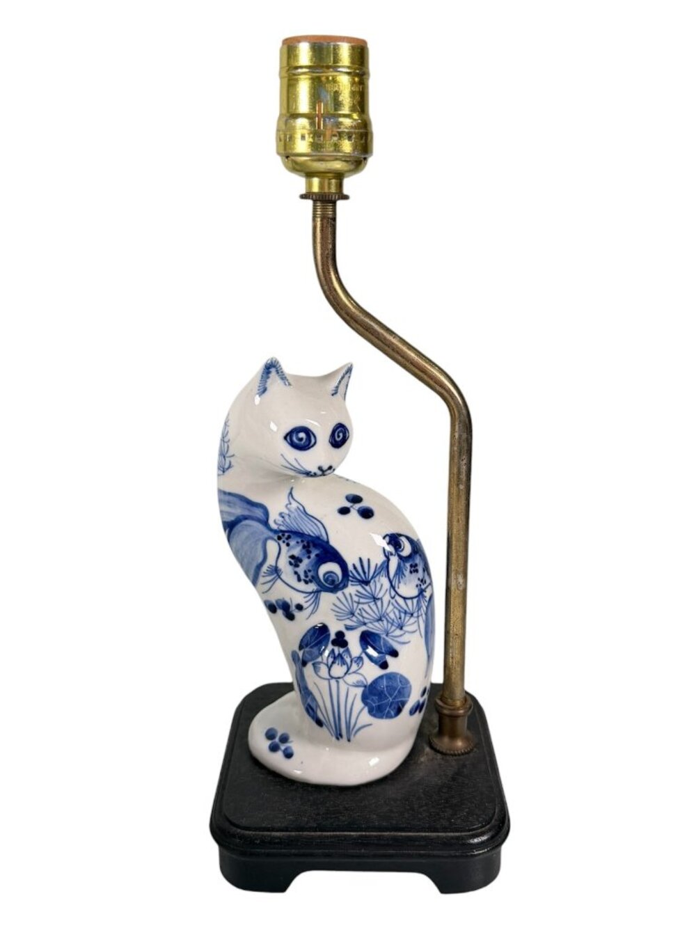Vintage Porcelain Asian Cat Figurine Chinoiserie Blue White Lamp Base No Shade
